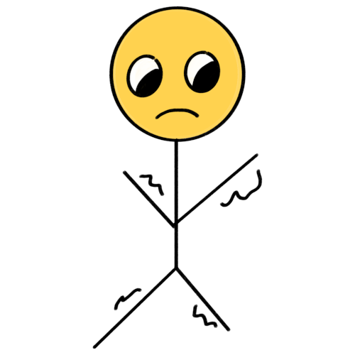 yellow-headed stick figure with white outline. It has a sad face. The figure has squiggly lines by its limbs, representing something not working properly